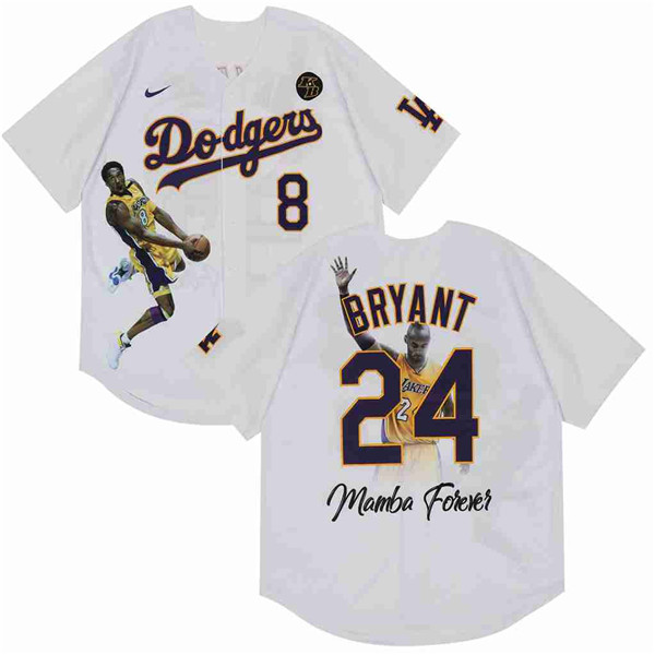 Men's Los Angeles Dodgers White Front #8 Back #24 Kobe Bryant With KB Patch Cool Base Stitched Jersey
